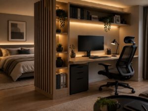 Homeoffice im Schlafzimmer mit modernem Arbeitsplatz, Raumteiler aus Holz und funktionaler Integration in den Wohnraum.