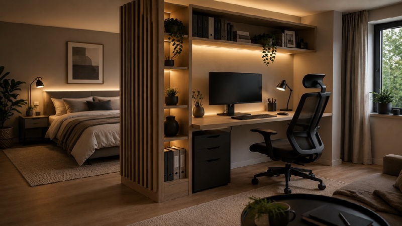 Homeoffice im Schlafzimmer mit modernem Arbeitsplatz, Raumteiler aus Holz und funktionaler Integration in den Wohnraum.